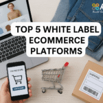A digital workspace featuring a laptop, smartphone with an online store, shipping box, denim jeans, and mini shopping cart promoting top white label ecommerce platforms.