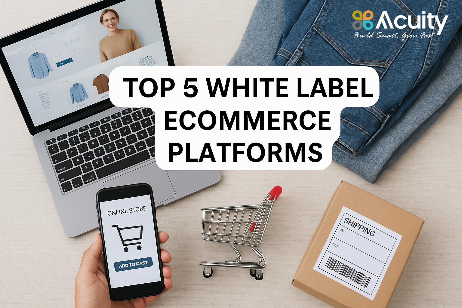A digital workspace featuring a laptop, smartphone with an online store, shipping box, denim jeans, and mini shopping cart promoting top white label ecommerce platforms.