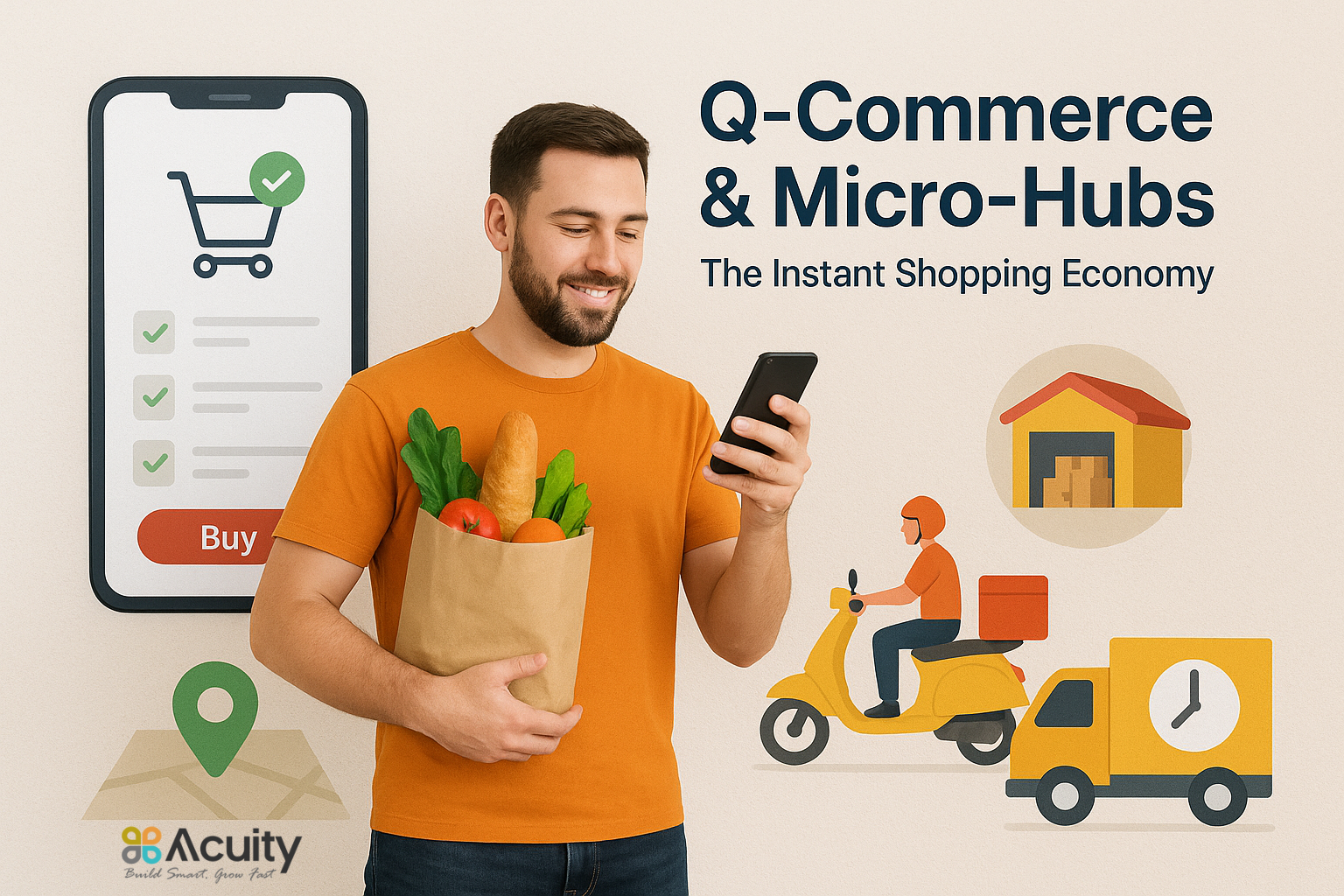 Acuity Software Services promoting its white-label Q-Commerce and logistics solution with instant delivery, real-time tracking, and micro-hub technology.
